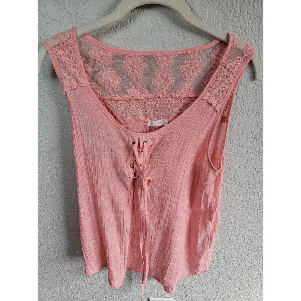 Mine Womens Medium Peach Lace Up Sleeveless Tank Top Lace Mesh Boho Blouse
